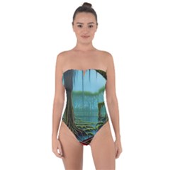 Boat Canoe Swamp Bayou Roots Moss Log Nature Scene Landscape Water Lake Setting Abandoned Rowboat Fi Tie Back One Piece Swimsuit by Posterlux