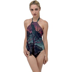 Night Sky Nature Tree Night Landscape Forest Galaxy Fantasy Dark Sky Planet Go With The Flow One Piece Swimsuit by Posterlux