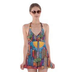 City New York Nyc Skyscraper Skyline Downtown Night Business Urban Travel Landmark Building Architec Halter Dress Swimsuit  by Posterlux