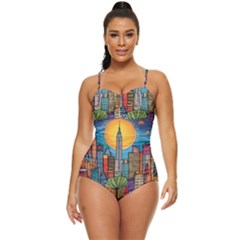 City New York Nyc Skyscraper Skyline Downtown Night Business Urban Travel Landmark Building Architec Retro Full Coverage Swimsuit by Posterlux