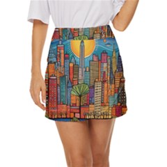 City New York Nyc Skyscraper Skyline Downtown Night Business Urban Travel Landmark Building Architec Mini Front Wrap Skirt by Posterlux