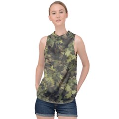 Green Camouflage Military Army Pattern High Neck Satin Top by Maspions