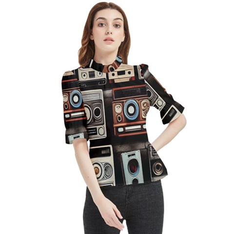 Retro Cameras Old Vintage Antique Technology Wallpaper Retrospective Frill Neck Blouse by Grandong