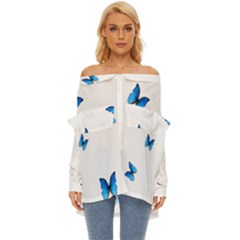 Butterfly-blue-phengaris Off Shoulder Chiffon Pocket Shirt by saad11