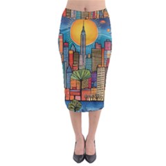 City New York Nyc Skyscraper Skyline Downtown Night Business Urban Travel Landmark Building Architec Midi Pencil Skirt by Posterlux