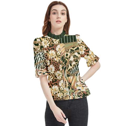 Floral Leaf Chain Patchwork Pattern 2 Frill Neck Blouse by flowerland