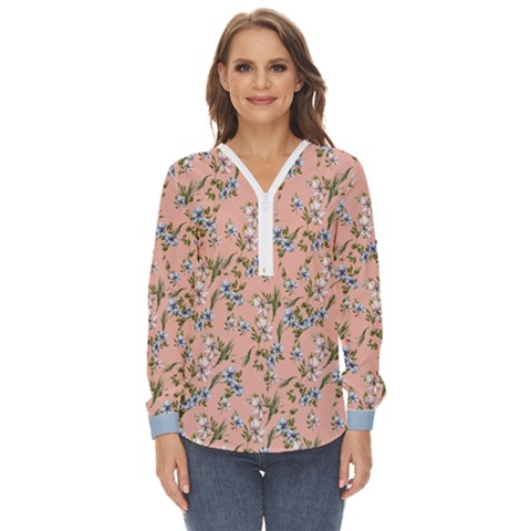 Pink Flower Zip Up Long Sleeve Blouse by flowerland