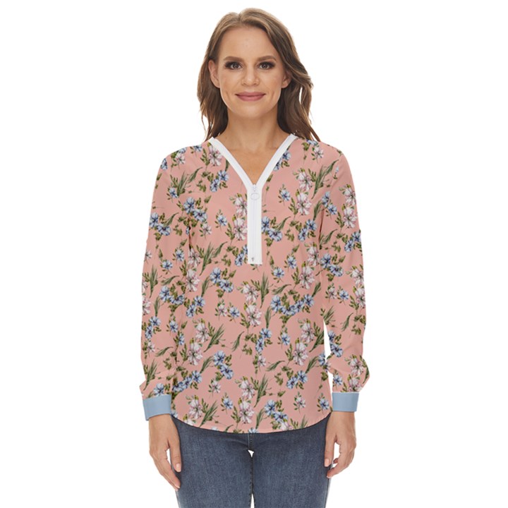 Pink Flower Zip Up Long Sleeve Blouse