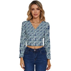 Blue Roses Long Sleeve V-neck Top by DinkovaArt