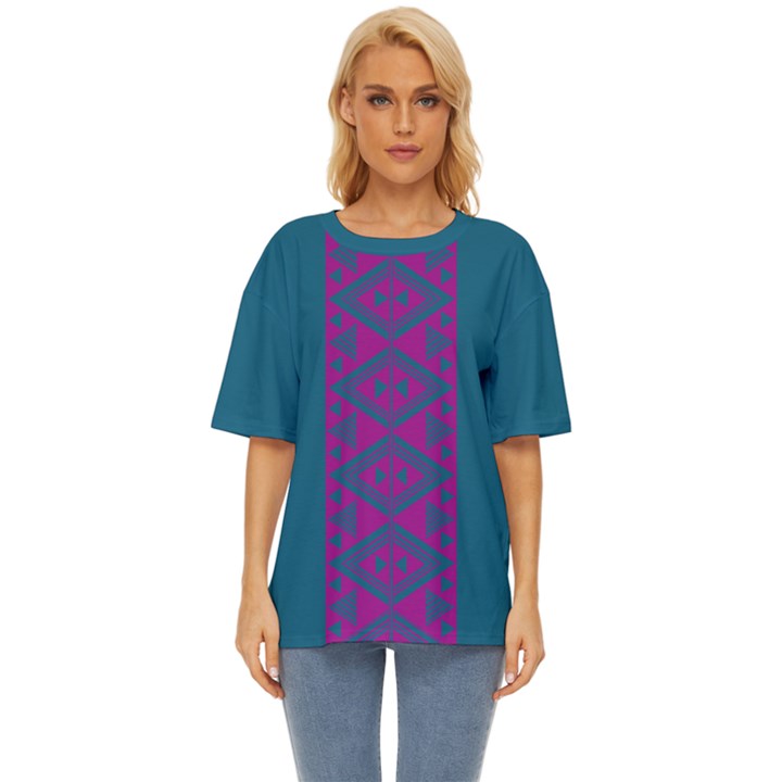 Teal and Fushia Tukutuku Oversized Basic T-Shirt