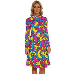 Colorful-graffiti-pattern-blue-background Long Sleeve Shirt Collar A-line Dress by designsbymallika