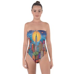 City New York Nyc Skyscraper Skyline Downtown Night Business Urban Travel Landmark Building Architec Tie Back One Piece Swimsuit by Posterlux