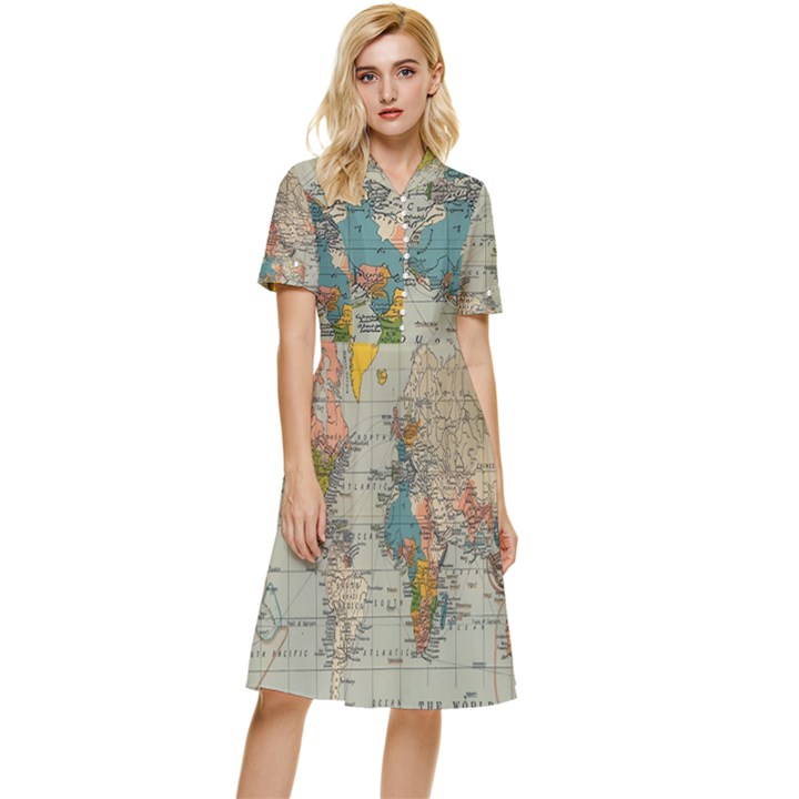 Vintage World Map Button Top Knee Length Dress