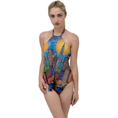 City New York Nyc Skyscraper Skyline Downtown Night Business Urban Travel Landmark Building Architec Go With The Flow One Piece Swimsuit by Posterlux