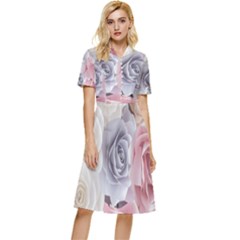 Pastel Rose  Flower Blue Pink White Button Top Knee Length Dress by Cemarart