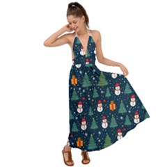 Snow Snowman Tree Christmas Tree Backless Maxi Beach Dress by Ravend