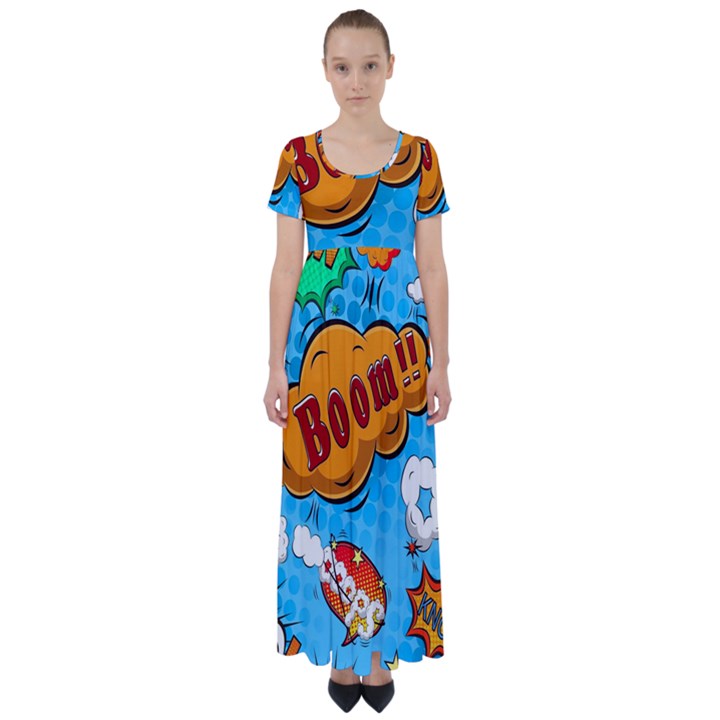 Comical Words Animals Comic Omics Crazy Graffiti High Waist Short Sleeve Maxi Dress