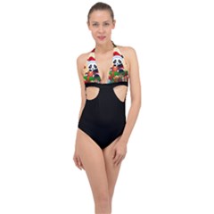 Schwarz Pandaweihnachten300dpi Halter Front Plunge Swimsuit by 2607694b