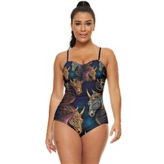 Schwarz Pferde Muster Retro Full Coverage Swimsuit by 2607694c