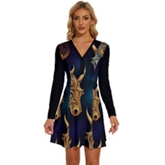 Schwarz Pferde Muster Long Sleeve Deep V Mini Dress  by 2607694c