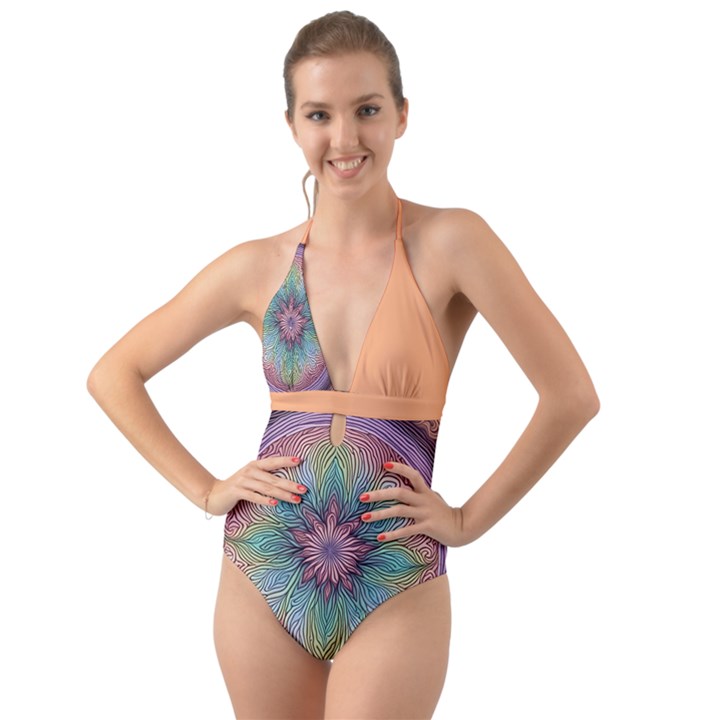 Orange3 Pattern 4 Halter Cut-Out One Piece Swimsuit