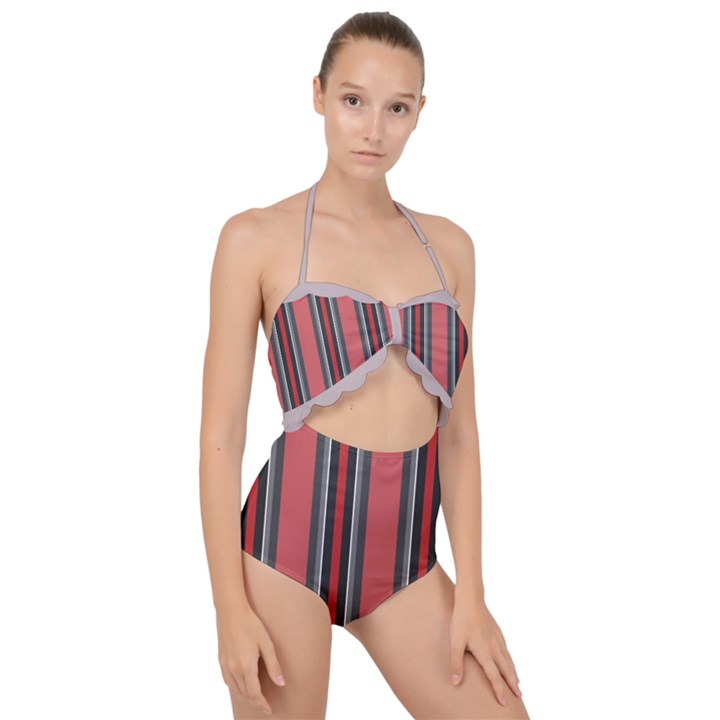 Rosa Grau Streifen Scallop Top Cut Out Swimsuit