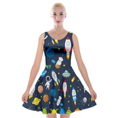 Big Set Cute Astronauts Space Planets Stars Aliens Rockets Ufo Constellations Satellite Moon Rover V Velvet Skater Dress by Bedest