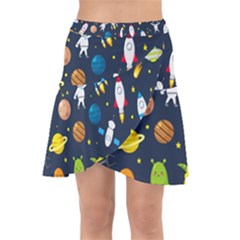 Big Set Cute Astronauts Space Planets Stars Aliens Rockets Ufo Constellations Satellite Moon Rover V Wrap Front Skirt by Bedest