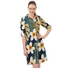 Seamless Pattern With Tropical Strelitzia Flowers Leaves Exotic Background Long Sleeve Mini Shirt Dress by Ket1n9