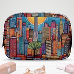 City New York Nyc Skyscraper Skyline Downtown Night Business Urban Travel Landmark Building Architec Make Up Pouch (small) by Posterlux