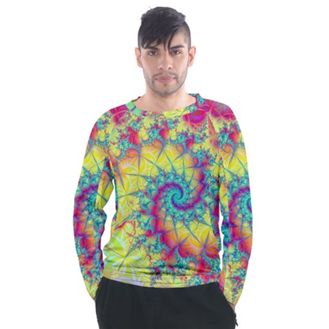 Fractal Spiral Abstract Background Vortex Yellow Men s Long Sleeve Raglan T-shirt by Ket1n9