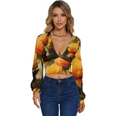 Yellow Butterfly Flower Long Sleeve Deep-v Velour Top by Azkajaya