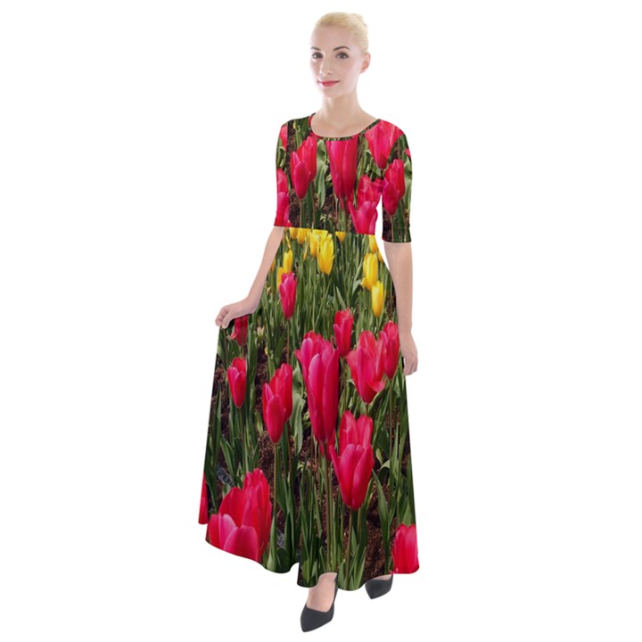 Yellow Pink Red Flowers Half Sleeves Maxi Dress