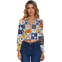 Mexican Talavera Pattern Ceramic Tiles With Flower Leaves Bird Ornaments Traditional Majolica Style Long Sleeve V-neck Top by Ket1n9