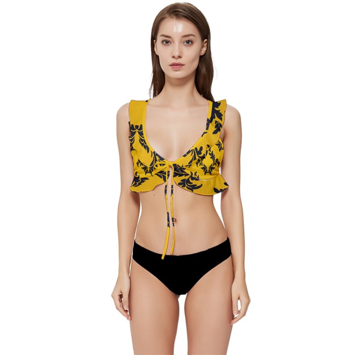 Yellow Regal Filagree Pattern Low Cut Ruffle Edge Bikini Top