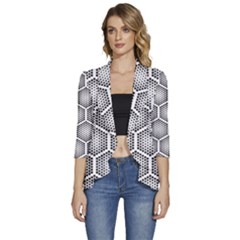 Halftone Tech Hexagons Seamless Pattern Women s 3/4 Sleeve Ruffle Edge Open Front Jacket by Ket1n9