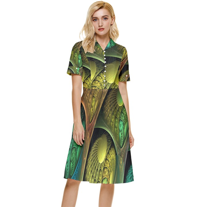 Psytrance Abstract Colored Pattern Feather Button Top Knee Length Dress