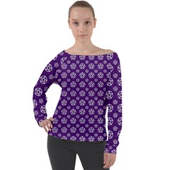 White Pentacle And Purple Pattern Off Shoulder Long Sleeve Velour Top by cheekywitch