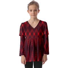 Pattern Red Black, Kids  V Neck Casual Top by 2607694c