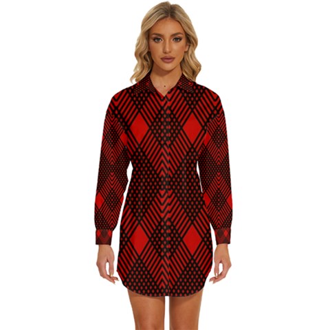 Pattern Red Black, Womens Long Sleeve Shirt Dress by 2607694c