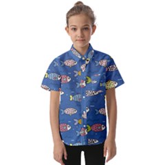 Sea Fish Blue Submarine Animal Kids  Short Sleeve Shirt by Proyonanggan