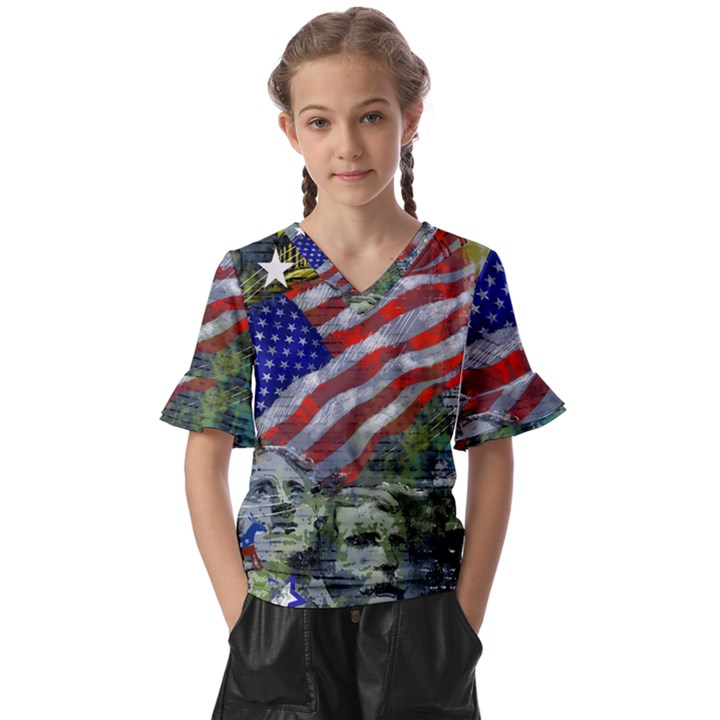 Usa United States Of America Images Independence Day Kids  V-Neck Horn Sleeve Blouse