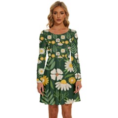 Flower Green Pattern Floral Long Sleeve Wide Neck Velvet Dress by anzea