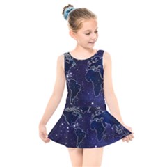 Blue World Map Starry Night Sky World Map Concept Art Kids  Skater Dress Swimsuit by Loisa77