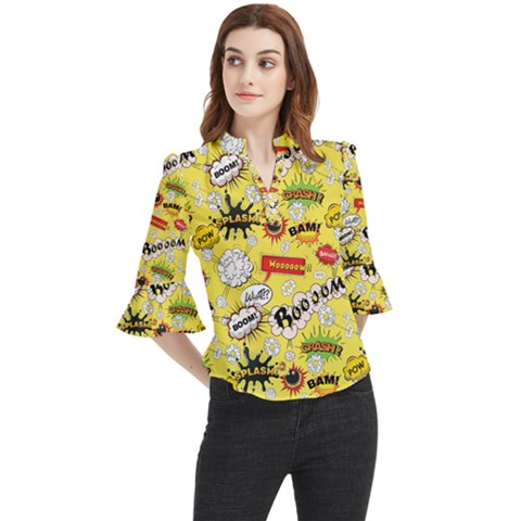 Cartoon Comics Pattern Loose Horn Sleeve Chiffon Blouse by Loisa77