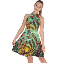 Monkey Tiger Bird Parrot Forest Jungle Style Sleeveless Halter Neck A-line Dress by Grandong