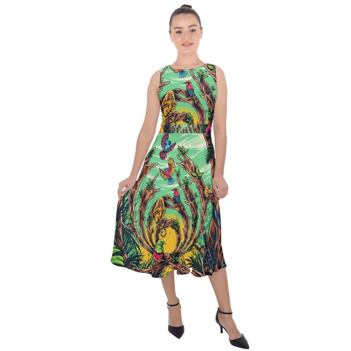 Monkey Tiger Bird Parrot Forest Jungle Style Midi Tie-Back Chiffon Dress