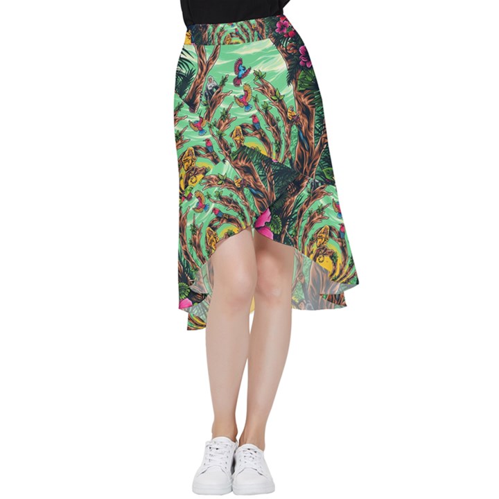 Monkey Tiger Bird Parrot Forest Jungle Style Frill Hi Low Chiffon Skirt