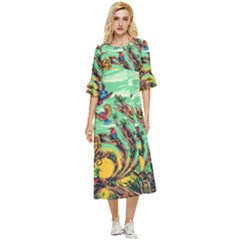 Monkey Tiger Bird Parrot Forest Jungle Style Double Cuff Midi Dress by Grandong