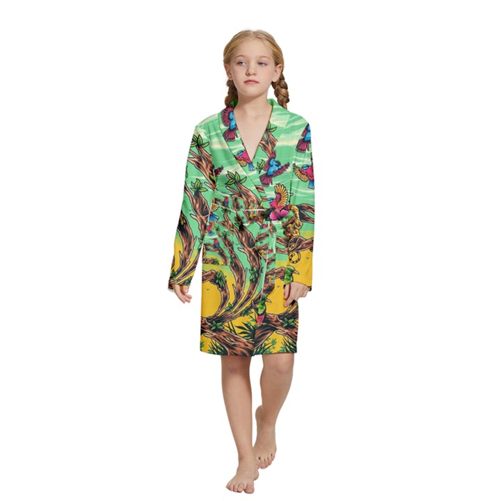 Monkey Tiger Bird Parrot Forest Jungle Style Kids  Long Sleeve Velvet Lounge Robe